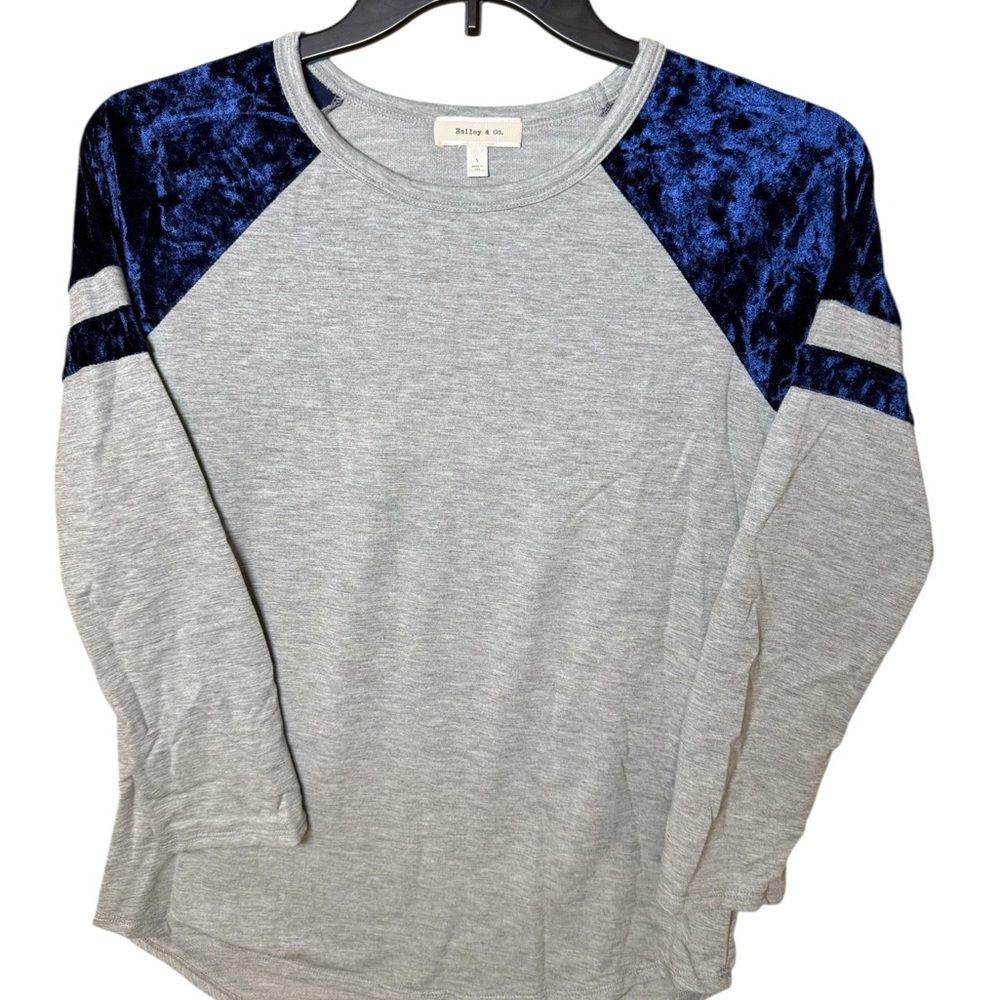 Hailey & Co. Gray w/ Navy Blue Velvet Raglan Long Sleeve Baseball Tee Super Soft - Picture 6 of 11